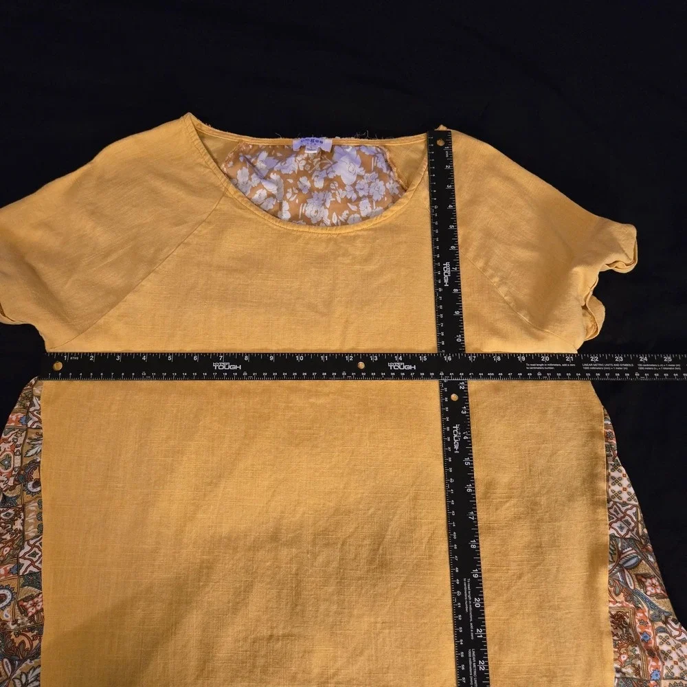 Umgee Dress Womens Large‎ Yellow Patchwork Boho Trapeze Short Sleeve Fringe Hem